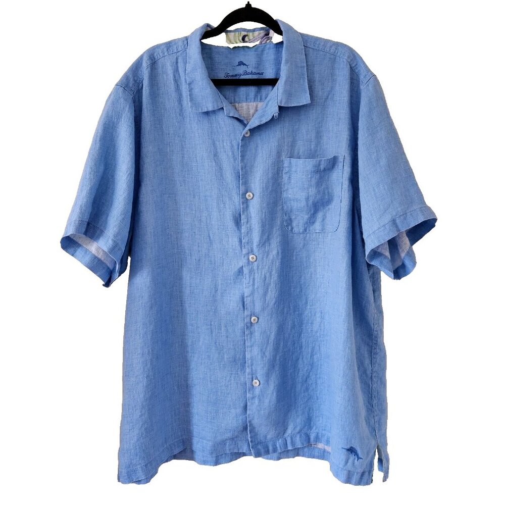 Tommy Bahama Linen Button Shirt Mens XXL Blue Button Short Sleeve Casual Beach